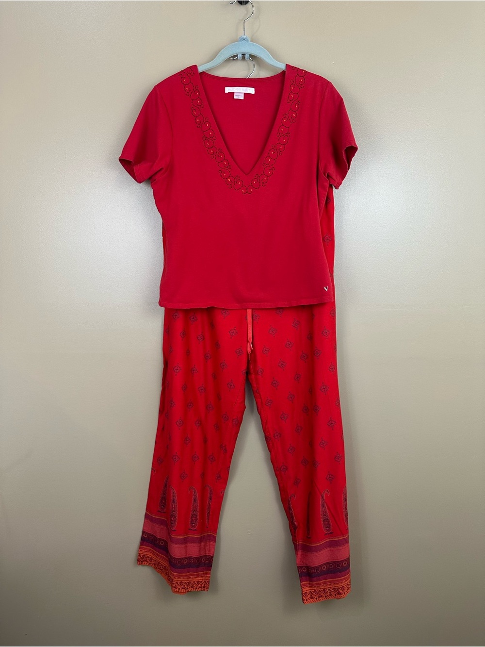 Vintage Y2K Victorias Secret Red Pajama Set M/L Embroidered Beaded Paisley Boho